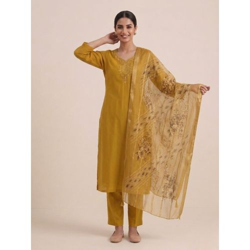 Ladies Mustard Embroidered Festive Suit