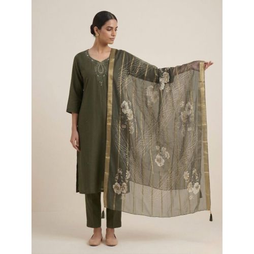 Ladies Olive Embroidered Party Wear Suit