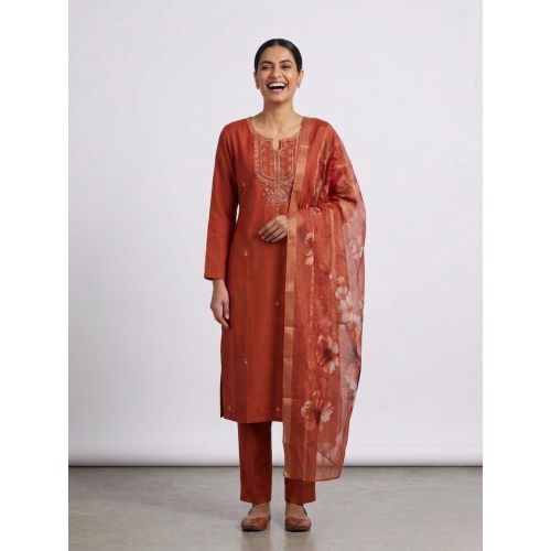Ladies Rust Embroidered Festive Cotton Suit