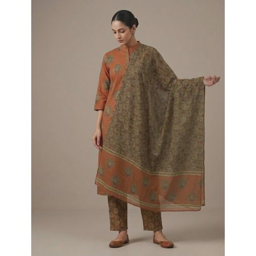 Ladies Rust Printed Cotton Ethnic Suit