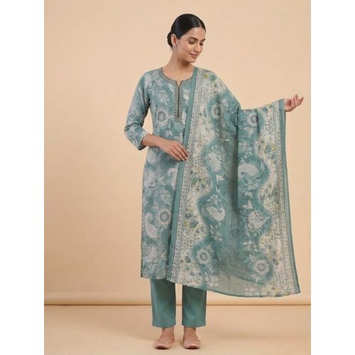 Ladies Sea Green Printed Cotton Ethnic Suit