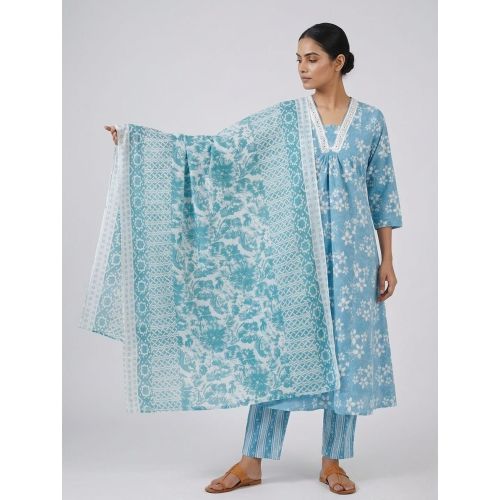 Ladies Sky Blue Floral Cotton Kurta Pant Suit