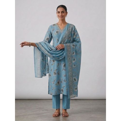 Ladies Sky Blue Floral Cotton Suit