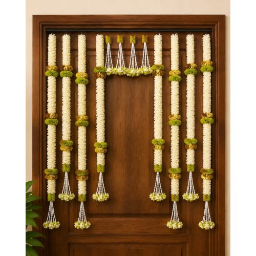 Premium Artificial White Jasmine Flower Door Decoration Set with Green &AMP; Golden Floral Accents | Han