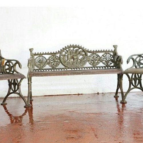 Ornate Motif Cast Metal Bench Trio
