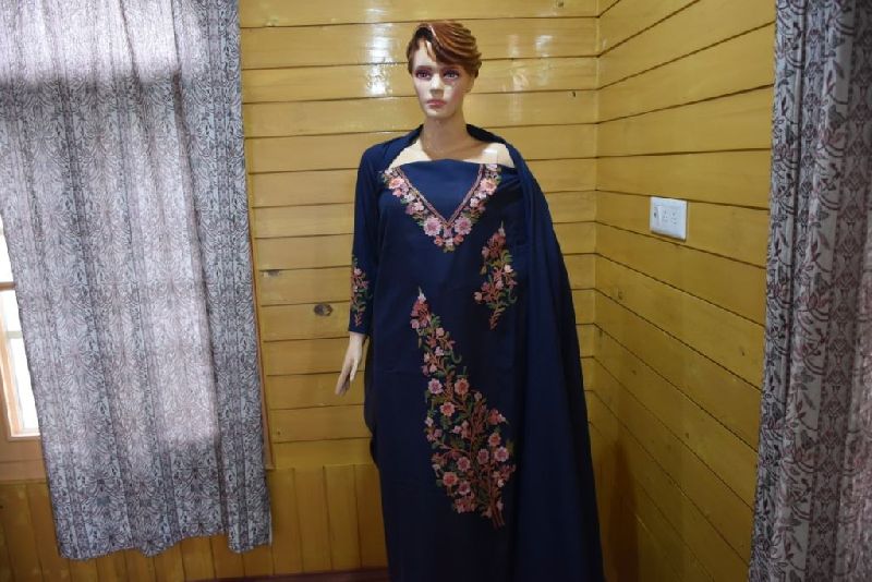 Blue Kashmiri Embroidered Unstitched Suit Fabric 02