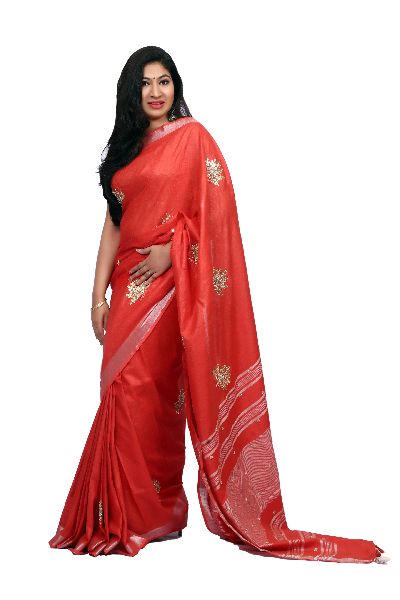 Red Embroidered Cotton Saree