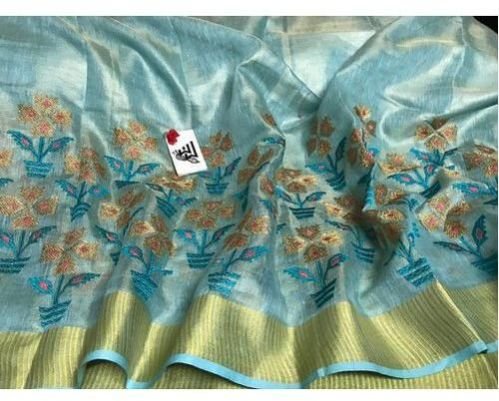 Blue Embroidered Linen Saree