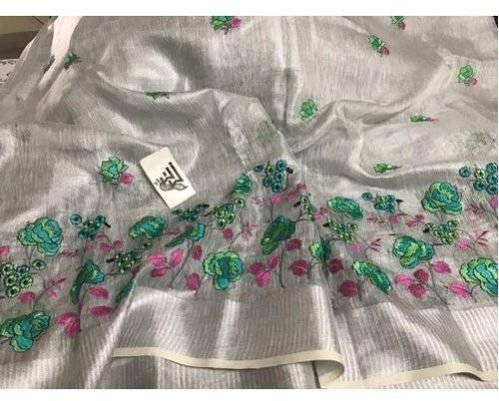 Silver Tissue Linen Saree