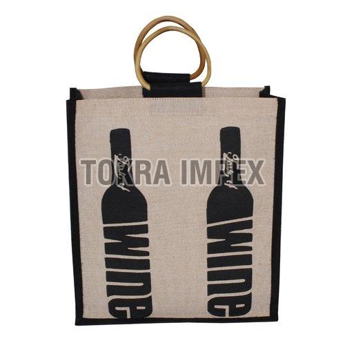 PP Laminated Juco Three Wine Bottle Bag with Cane Handle