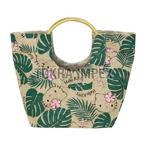 PP Laminated Jute Beach Bag With Round Wooden Cane Handle