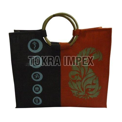 PP Laminated Jute Shopping Bag with Wooden Cane Handle