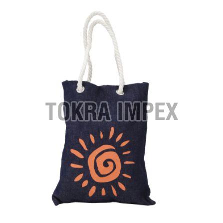 Printed Denim Tote Bag with Twisted Cotton Rope Handle