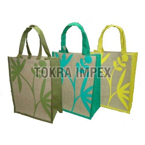 Self Handle Leaf Texture Print PP Laminated Jute Shopping Bag