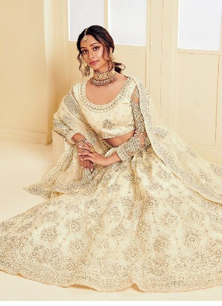 Embellished Designer Golden and White Bridal Lehenga Choli – Nameera by  Farooq