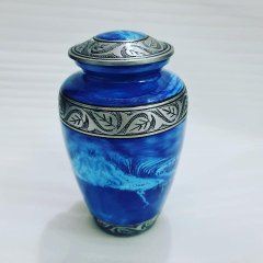 ALUMINIUM TOKEN CREMATION CLASSIC URN WITH HAND PAINTED MARBLE BLUE TONE STICKER MEENA