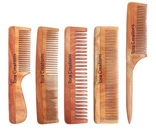 Neem Wood 2 Detangle Thin Medium Fine & Thin Tooth Pack of 5 Comb
