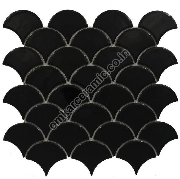 Fish Scale Glossy Black Mosaic Tiles