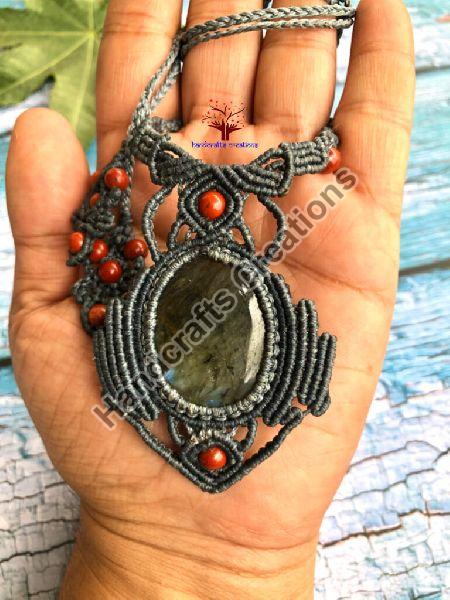 Macrame Necklace Pendant Jewelry Jasper Cabochon Stone Handmade Bohemian Q31 