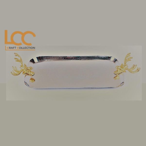 Stainless Steel Tray with Gold Deer Head Handles
