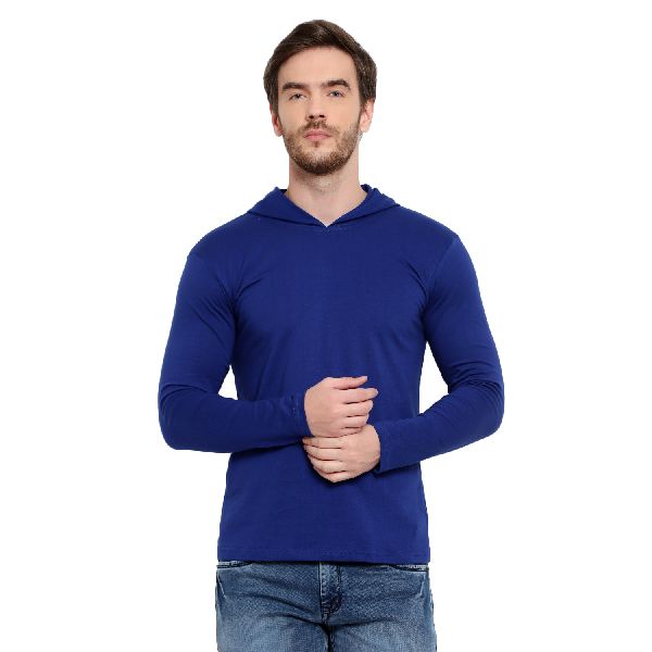 Mens Full Sleeve Blue Hooded T-Shirt