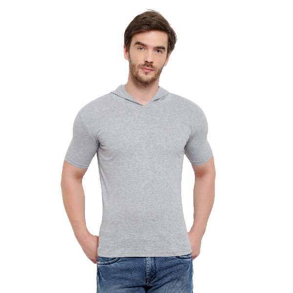Mens Half Sleeve Grey Hooded T-Shirt