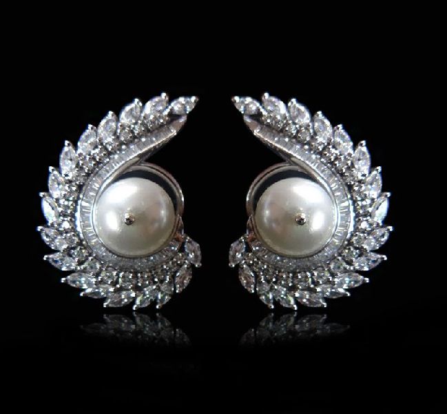 White Pearl Diamond Ear Tops