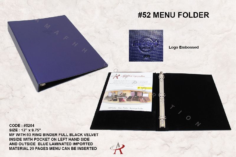 Blue Paper Laminated Menu Folder