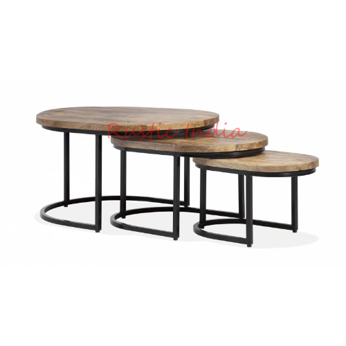 Round Iron & Wooden Coffee Table Set