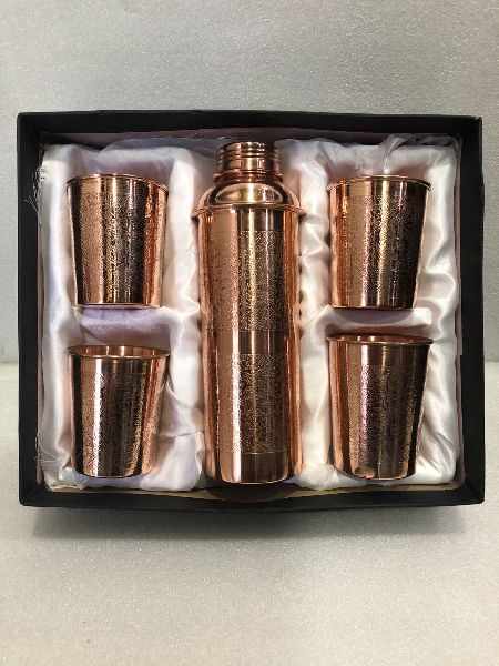 Embossed Copper Bottle and Glass Set