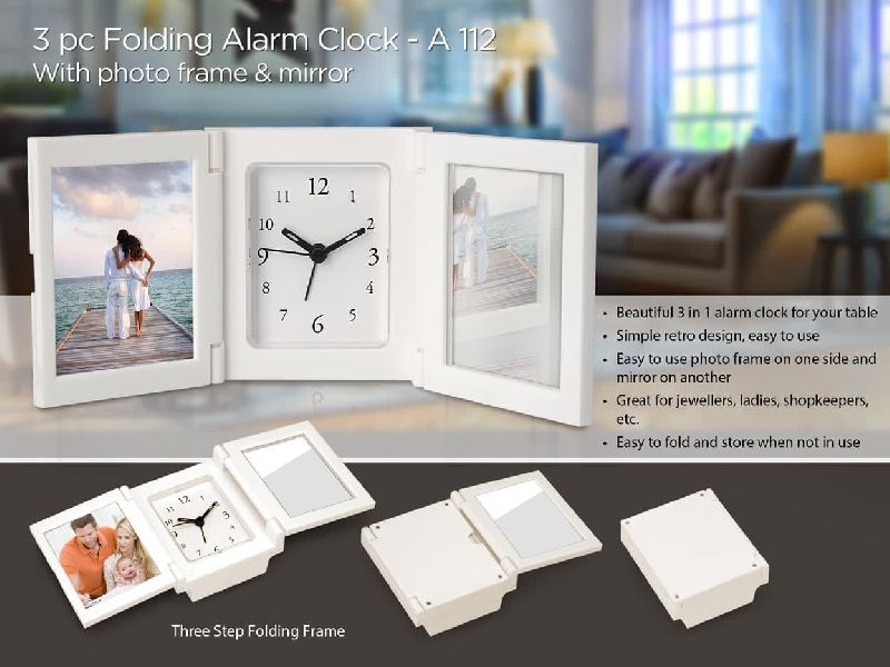 A112 – 3 Pc Folding Alarm Clock With Photo Frame And Mirror