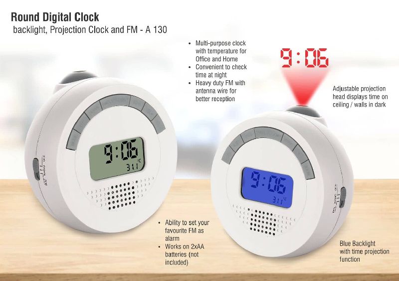A130 – Round Digital Clock With Backlight, Projection Clock And FM