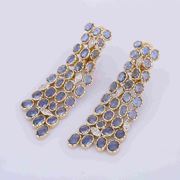 Blue Sapphire and Diamond 18K Yellow Gold Dangle Earrings