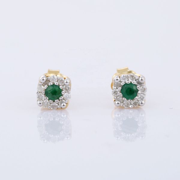 Emerald With Tiny Diamond 14K Yellow Gold Studs