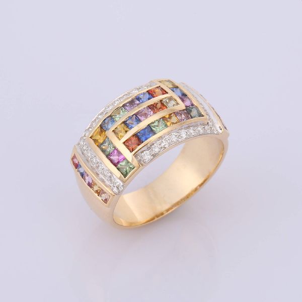 Multi Sapphire Square Diamond 18K Yellow Gold Ring