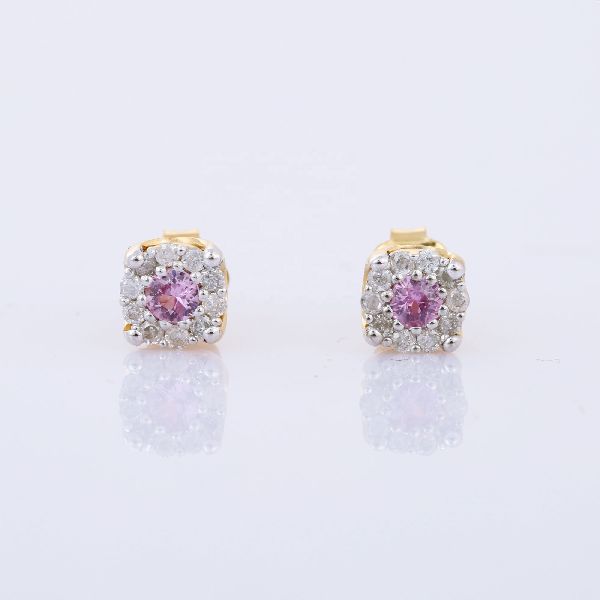 Pink Sapphire With Tiny Diamond 14K Yellow Gold Studs