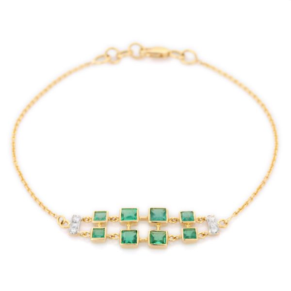 Precious Emerald with Diamond 18K Yellow Gold Bracelet