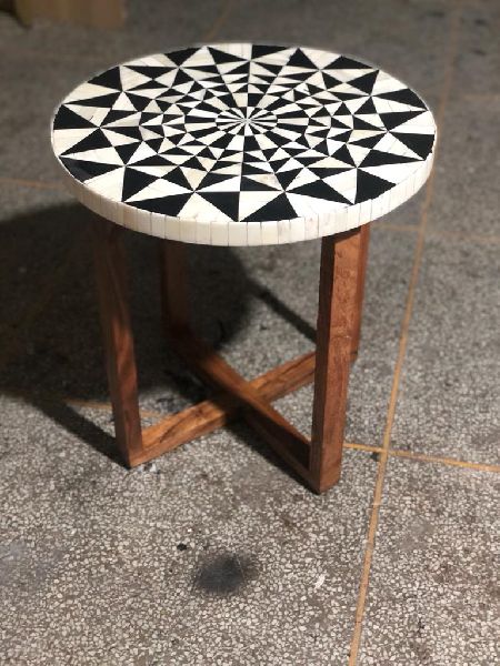 Bone Inlay Round Side Table with Wooden Legs