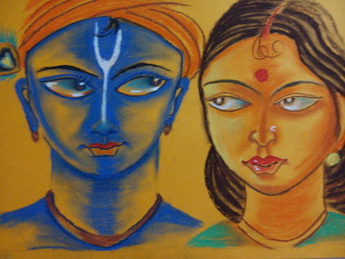 Handmade Radha Krishna Dry Pastel Painting