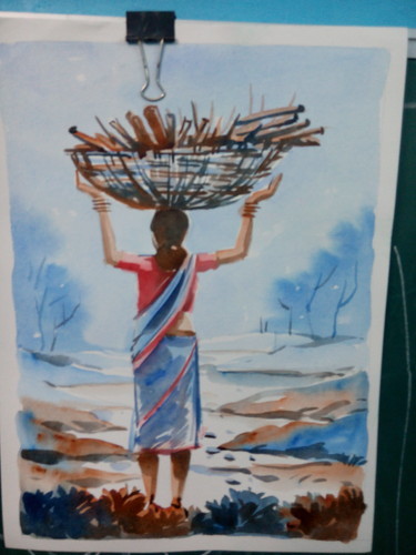 Handmade Women with Basket Watercolor Painting