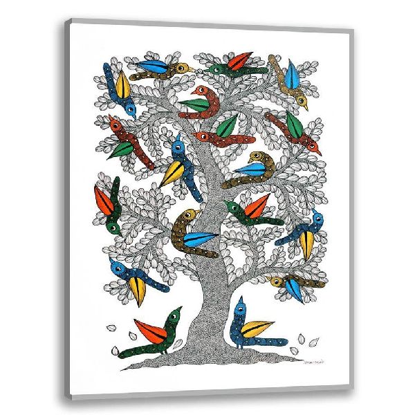 Bird On Tree | Gond Painting