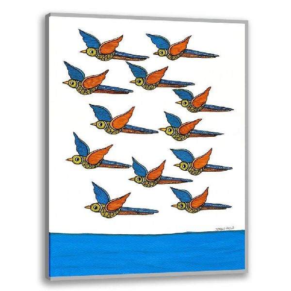 Flying Birds On Sea | Gond Painting