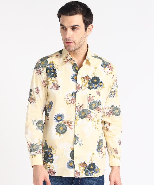 Mens Creamy Big Flower Print Full Sleeves Cotton Shirt