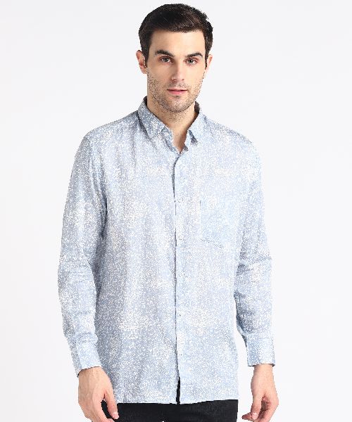 Mens Light Blue Block Printed Half Sleeves Cotton Shirt