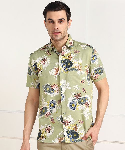 Mens Sea Green Big Flower Print Half Sleeves Cotton Shirt