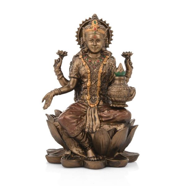 Copper Laxmi Statue with Wooden Base