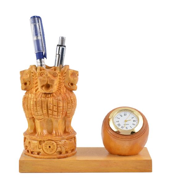 Wooden Ashok Stambh Pen Stand with Clock