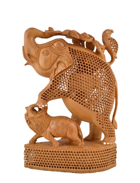 Wooden Undercut Elephant with Lion