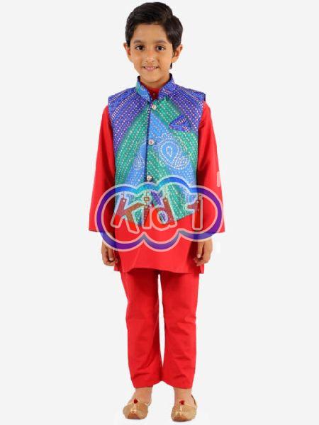 Boys Kurta Pajama with Bandhani Print Jacket