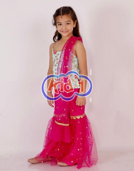 Kids Girls Sequined Peplum Top N Sharara Set